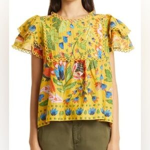 FARM Rio Yellow Floral Embroidered Flutter Sleeve Top